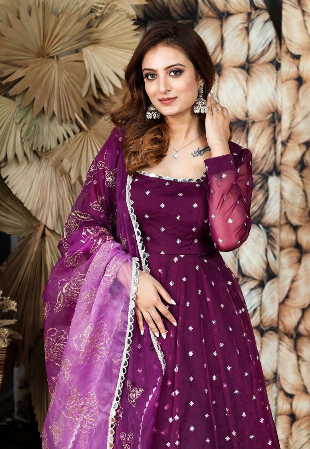 PURPLE ORGANZA MIRROR WORK ANARKALI SET