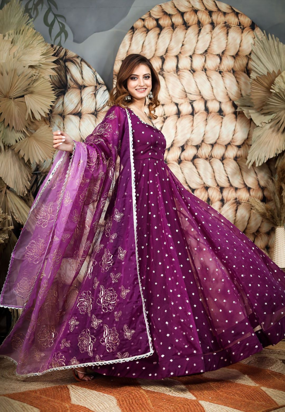 PURPLE ORGANZA MIRROR WORK ANARKALI SET