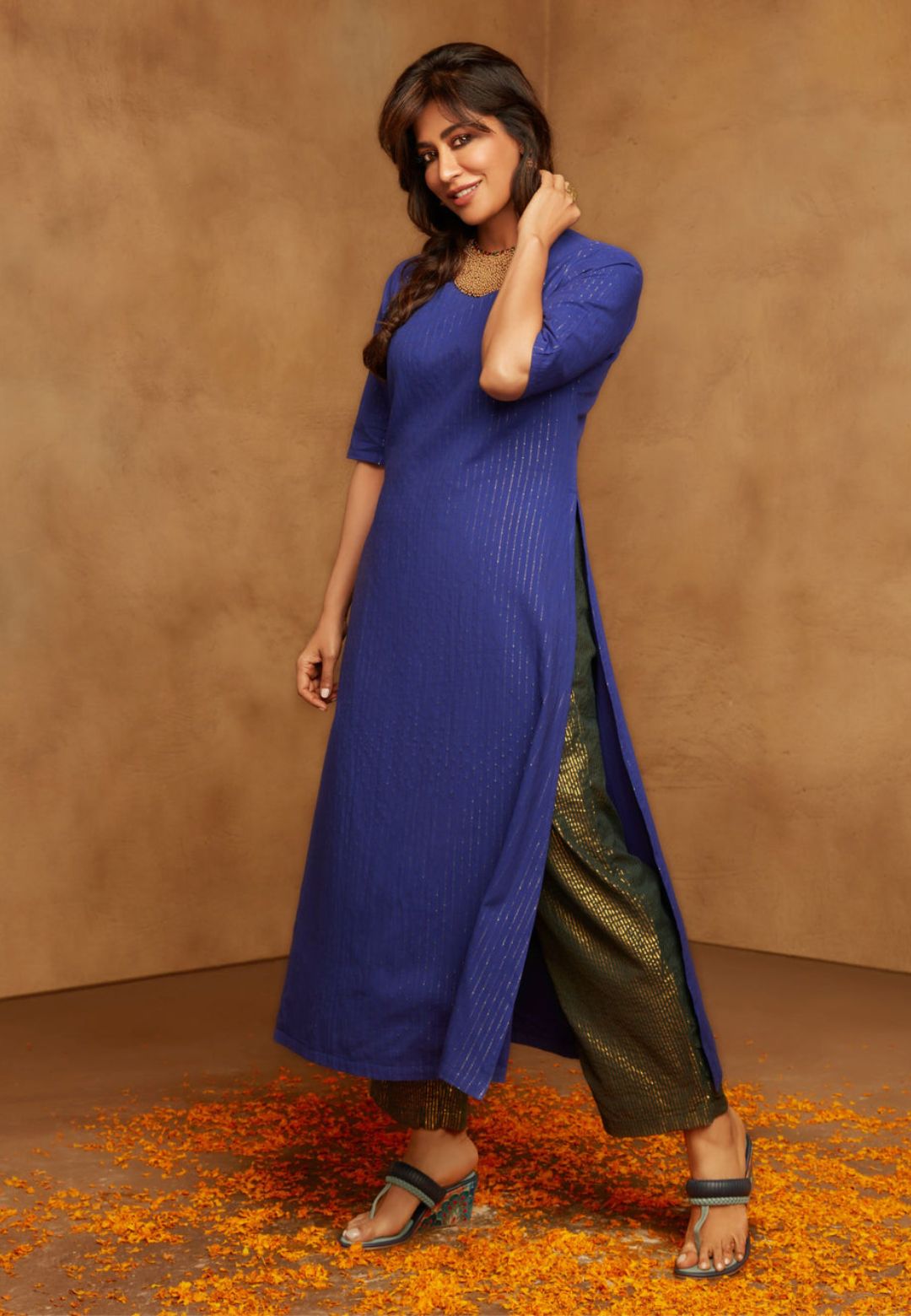 BLUE GOLD COTTON HIGH SLIT KURTA SET