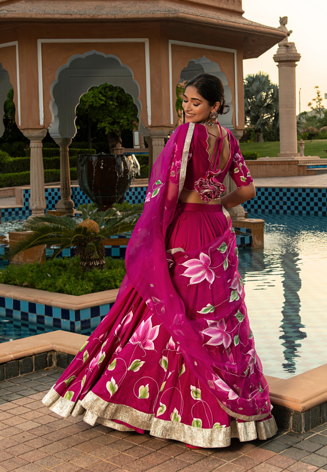 MAGENTA PINK JASMI HANDPAINTED CHANDERI LEHENGA SET