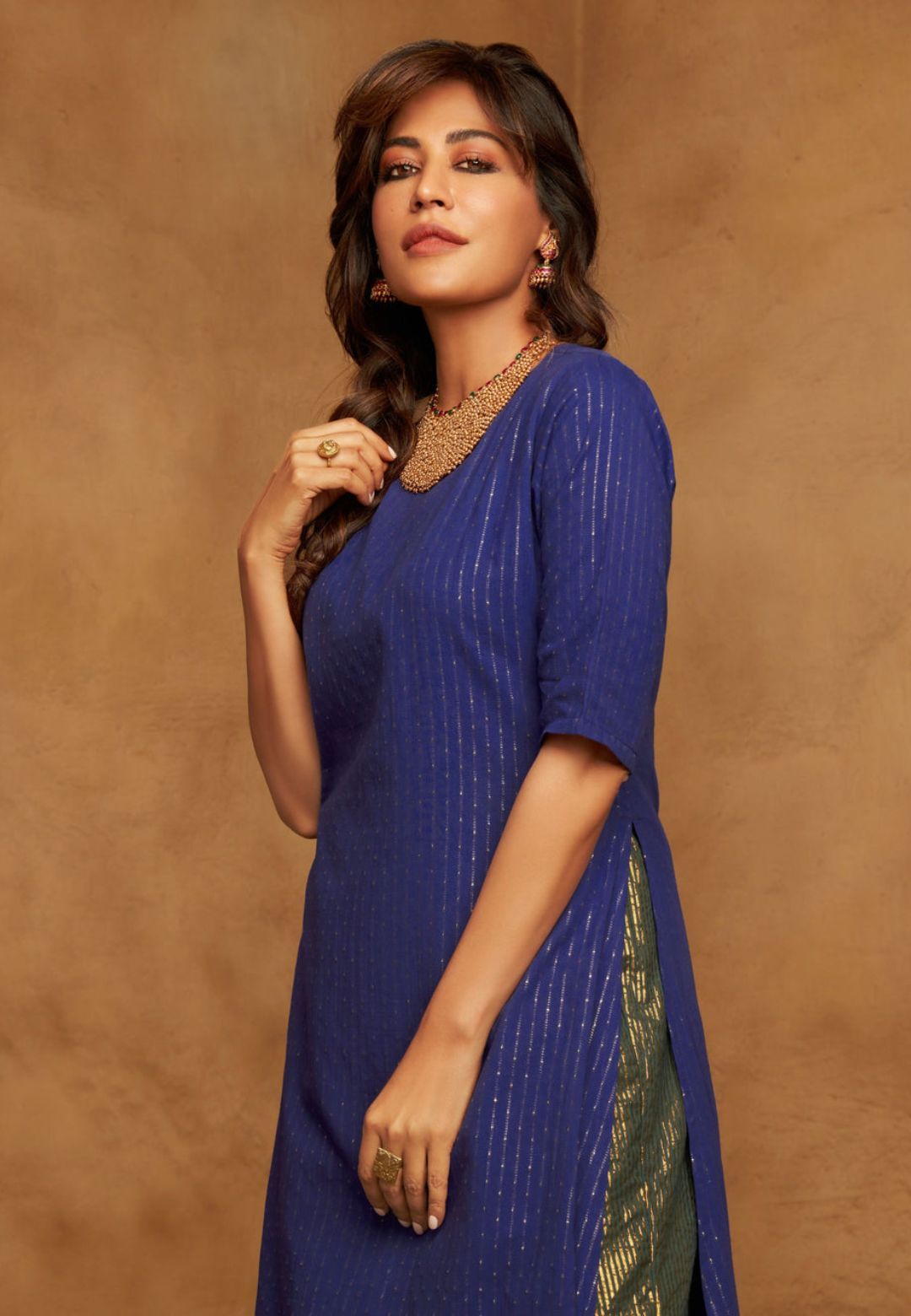 BLUE GOLD COTTON HIGH SLIT KURTA SET