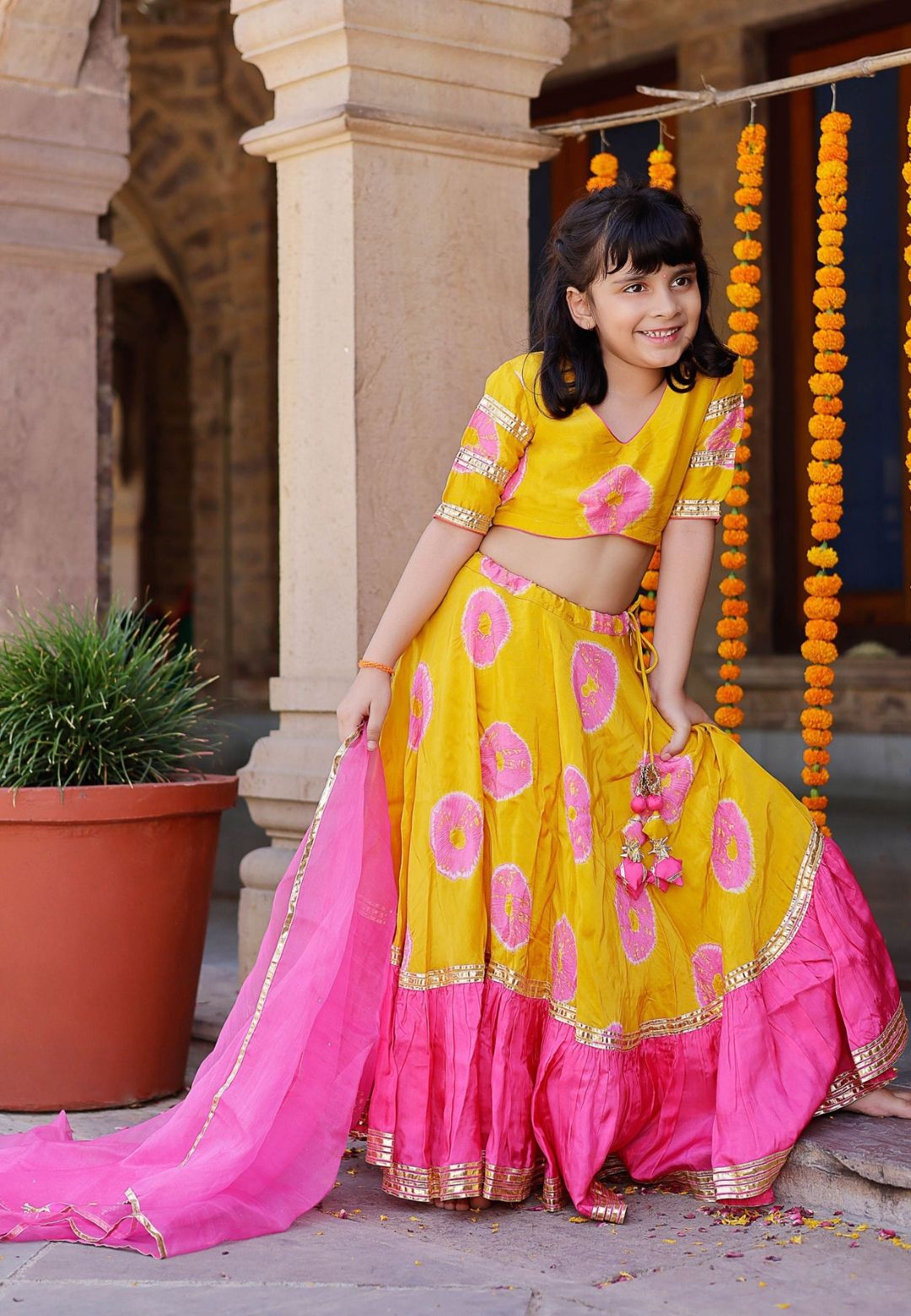 PINK YELLOW VARUNA TIE & DYE LEHENGA SET