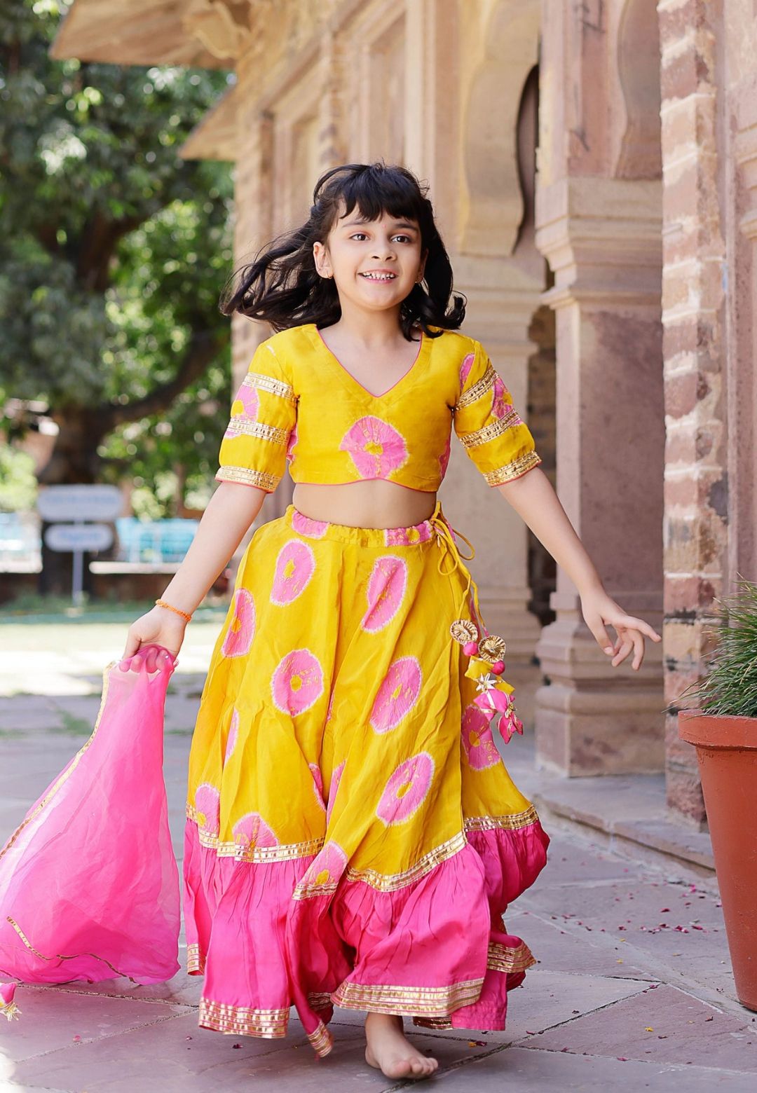 PINK YELLOW VARUNA TIE & DYE LEHENGA SET