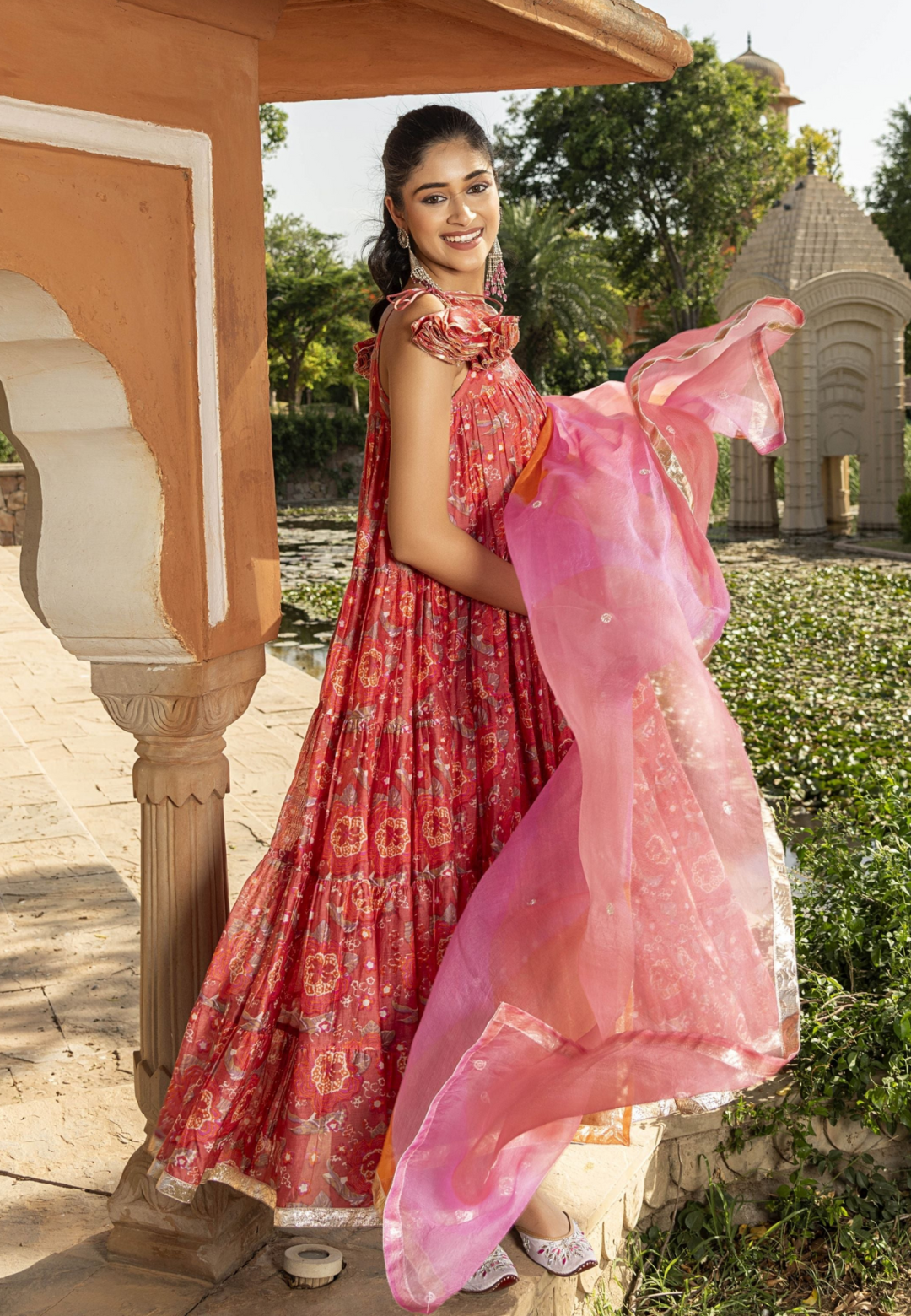 PEACH RUFFLES MIRA CHANDERI SUIT SET