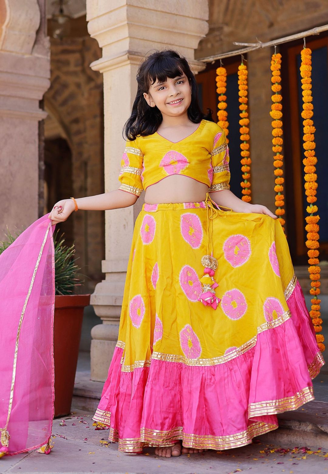 PINK YELLOW VARUNA TIE & DYE LEHENGA SET