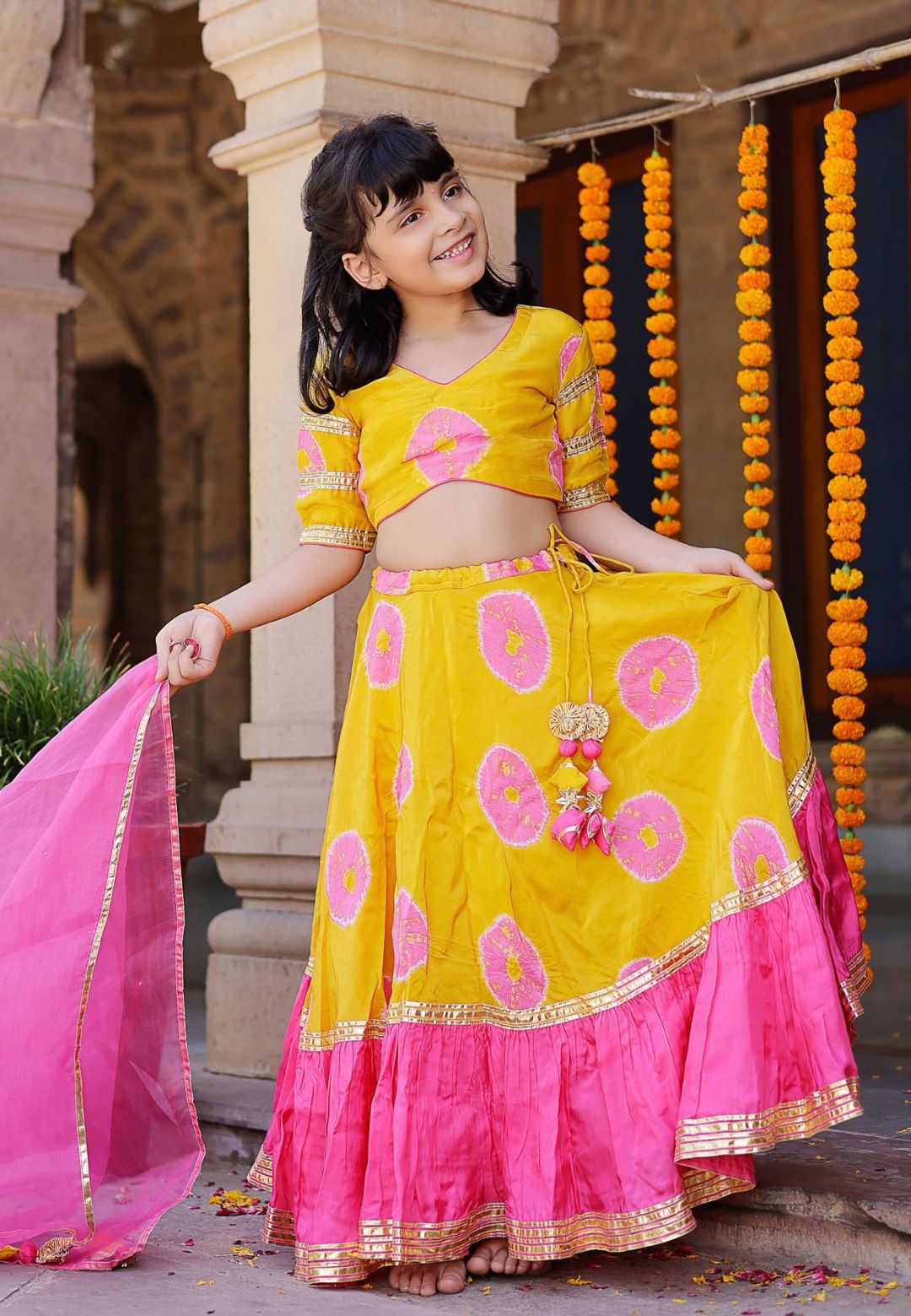 PINK YELLOW VARUNA TIE & DYE LEHENGA SET