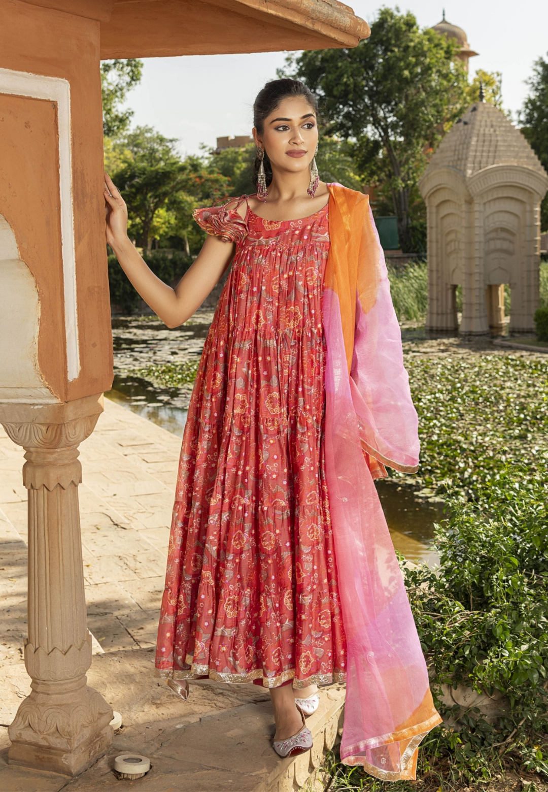 PEACH RUFFLES MIRA CHANDERI SUIT SET