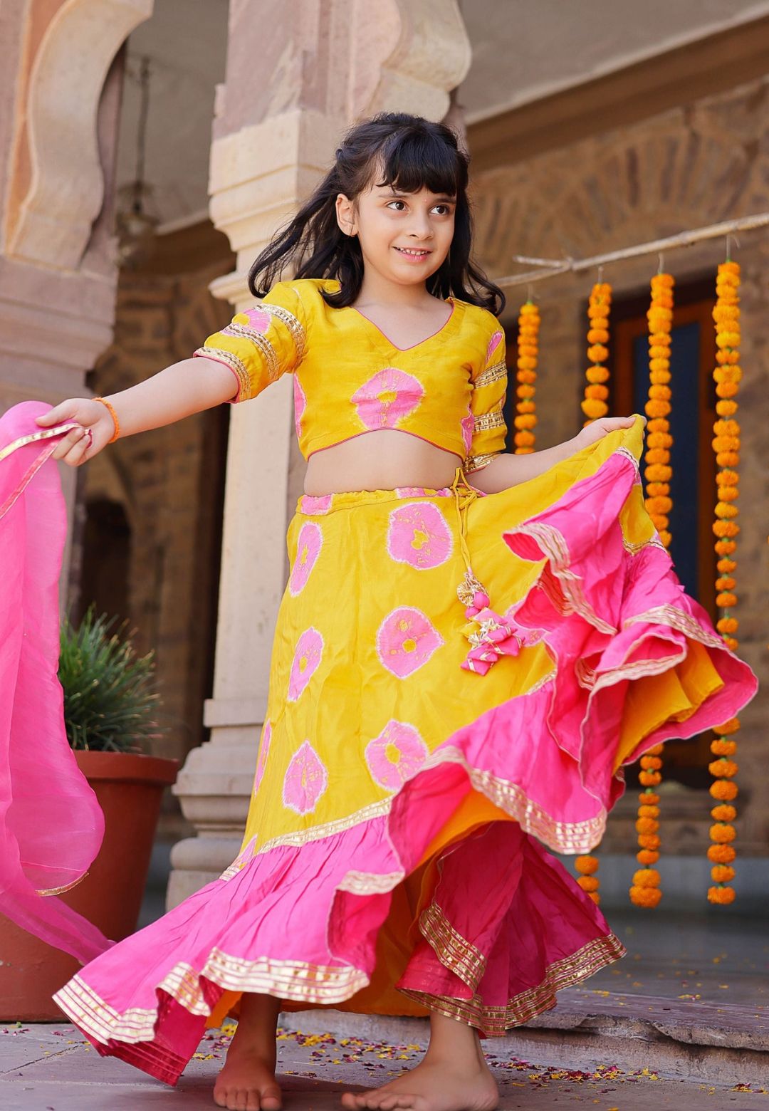 PINK YELLOW VARUNA TIE & DYE LEHENGA SET