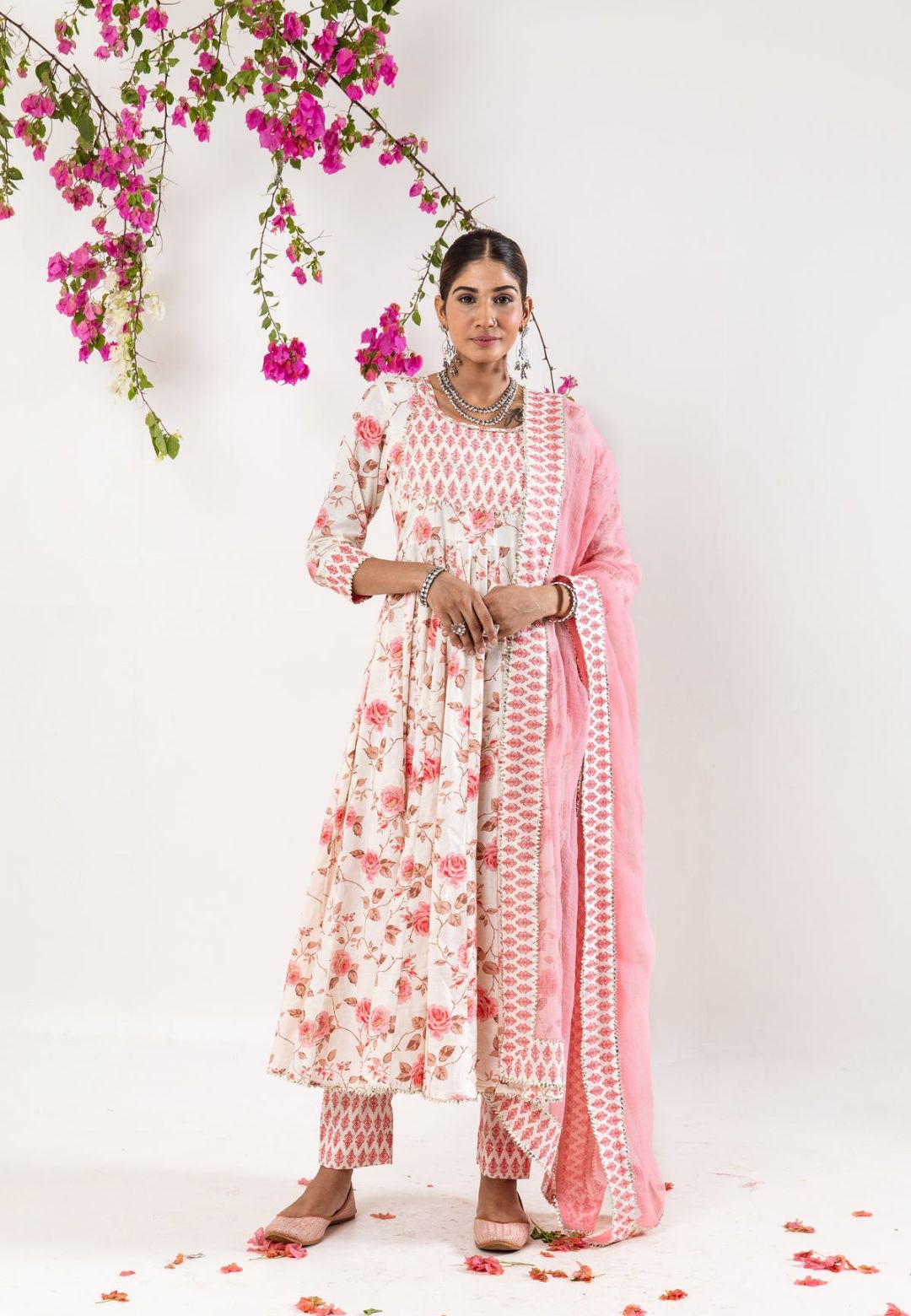 WHITE PINK HANDBLOCK COTTON ANARKALI SUIT SET