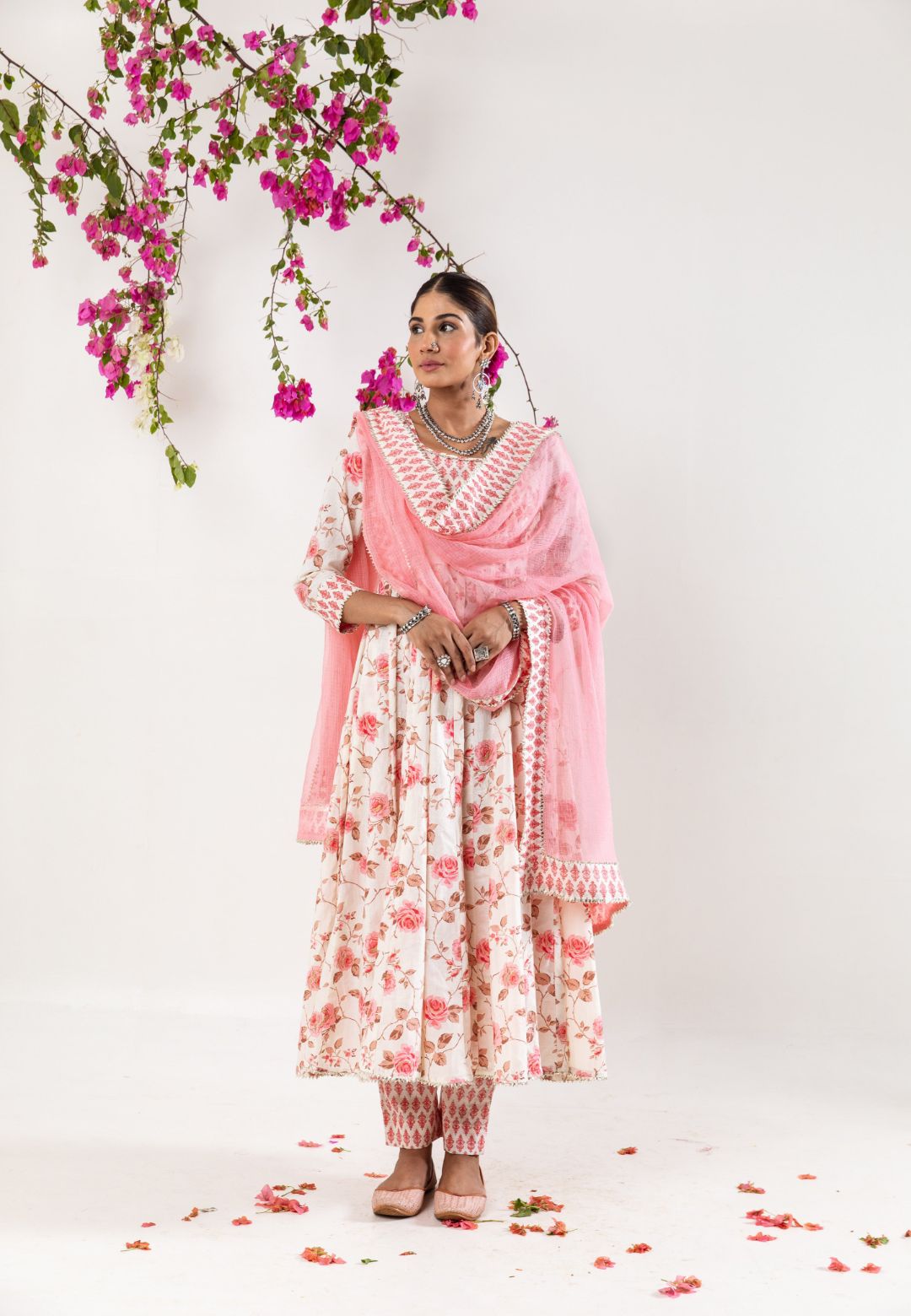 WHITE PINK HANDBLOCK COTTON ANARKALI SUIT SET