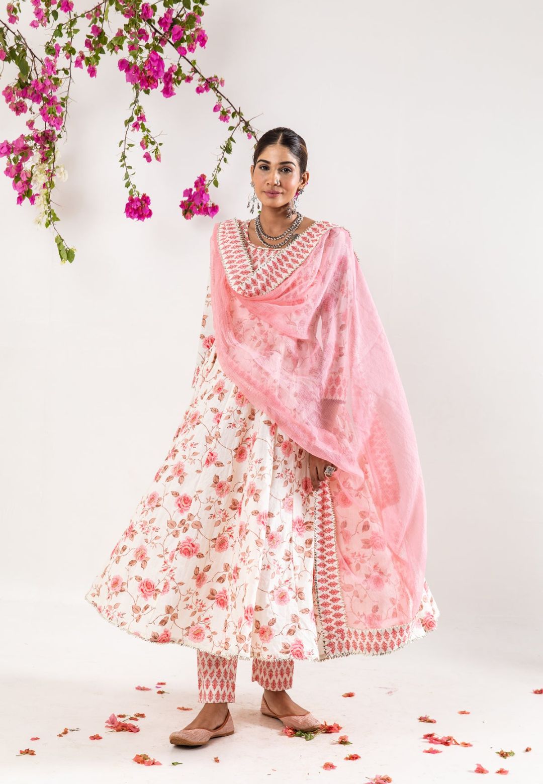 WHITE PINK HANDBLOCK COTTON ANARKALI SUIT SET