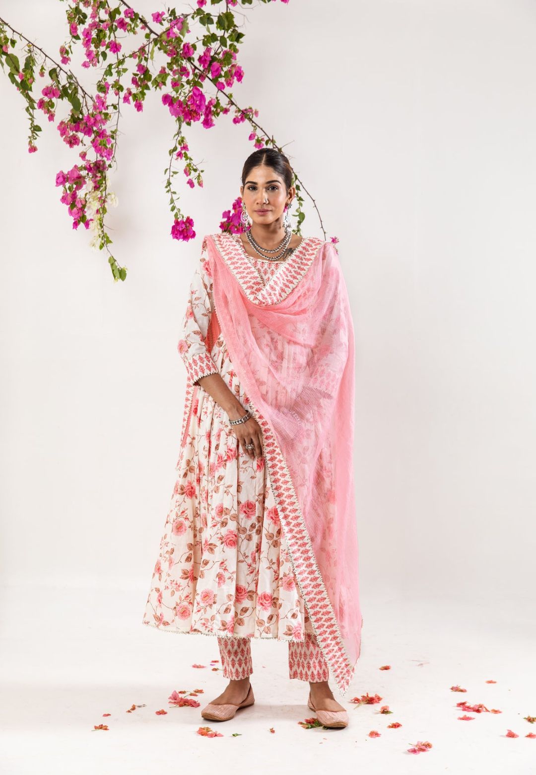 WHITE PINK HANDBLOCK COTTON ANARKALI SUIT SET