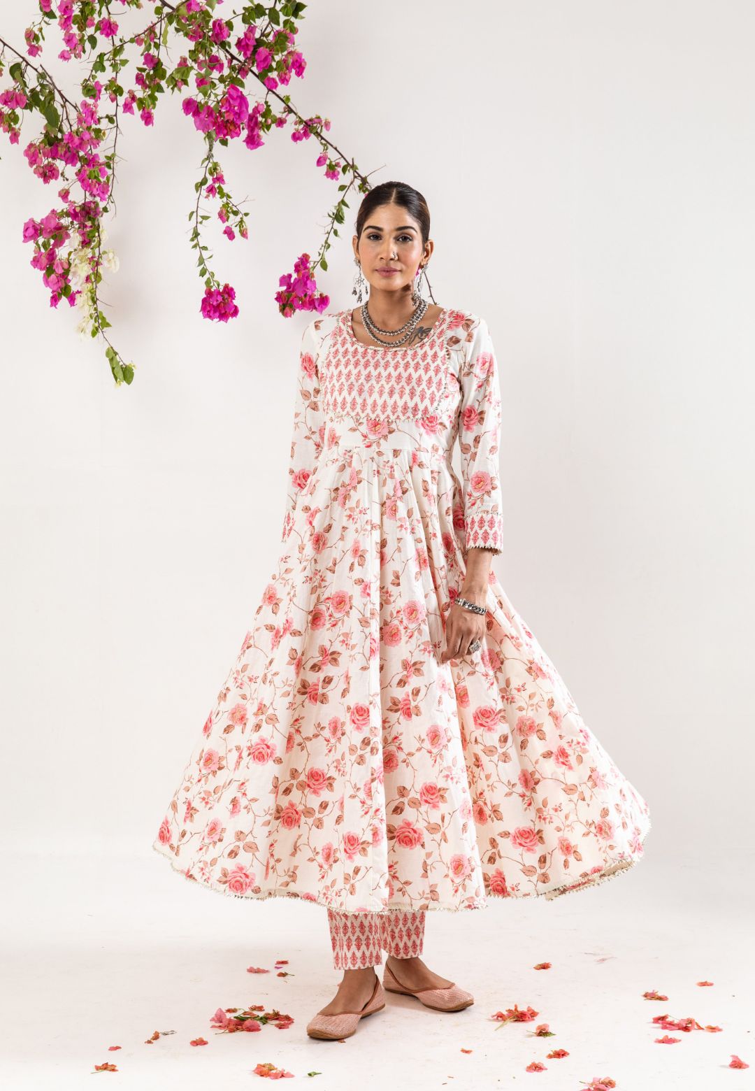 WHITE PINK HANDBLOCK COTTON ANARKALI SUIT SET