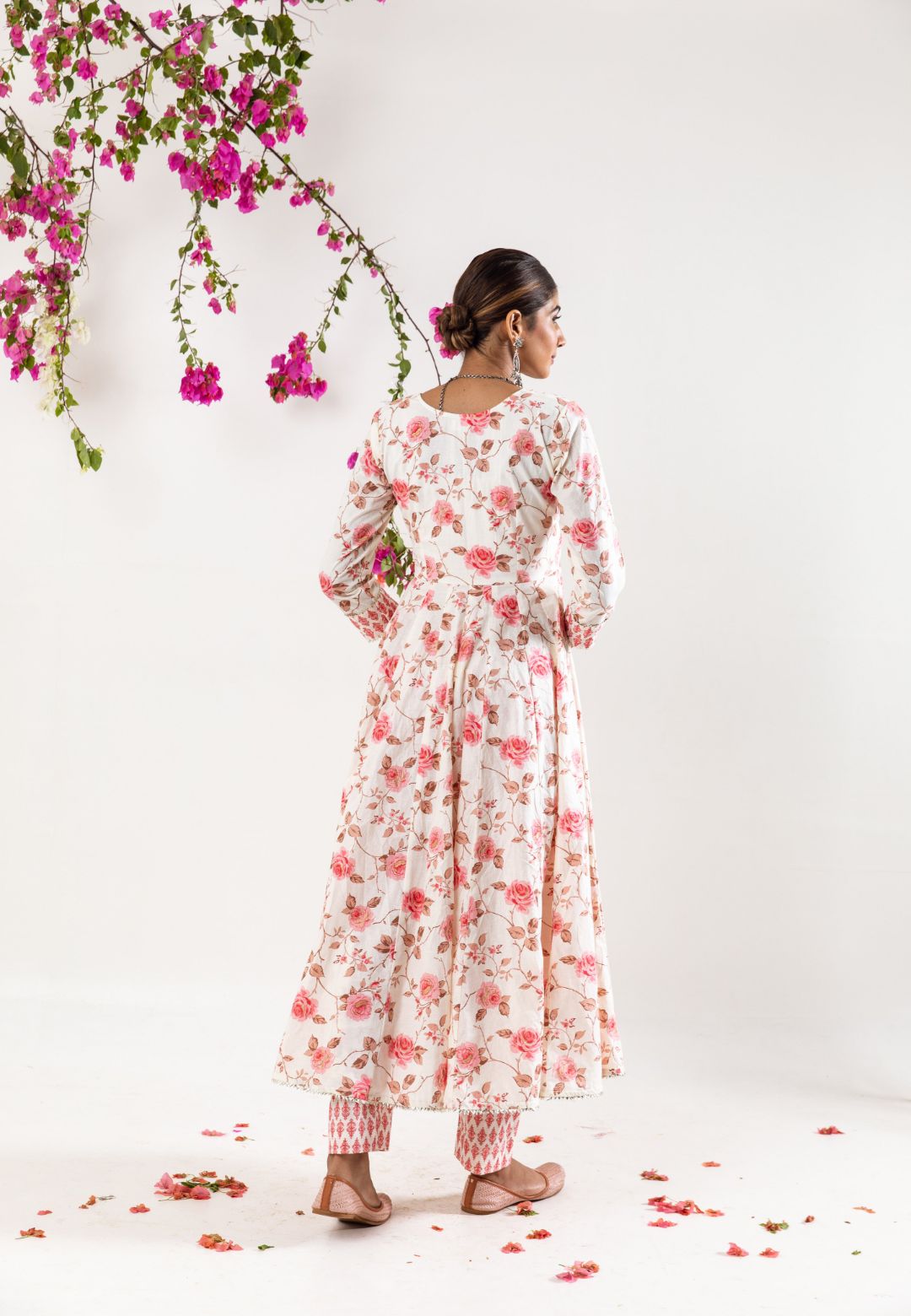 WHITE PINK HANDBLOCK COTTON ANARKALI SUIT SET