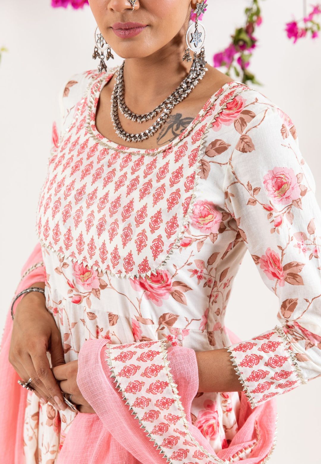 WHITE PINK HANDBLOCK COTTON ANARKALI SUIT SET