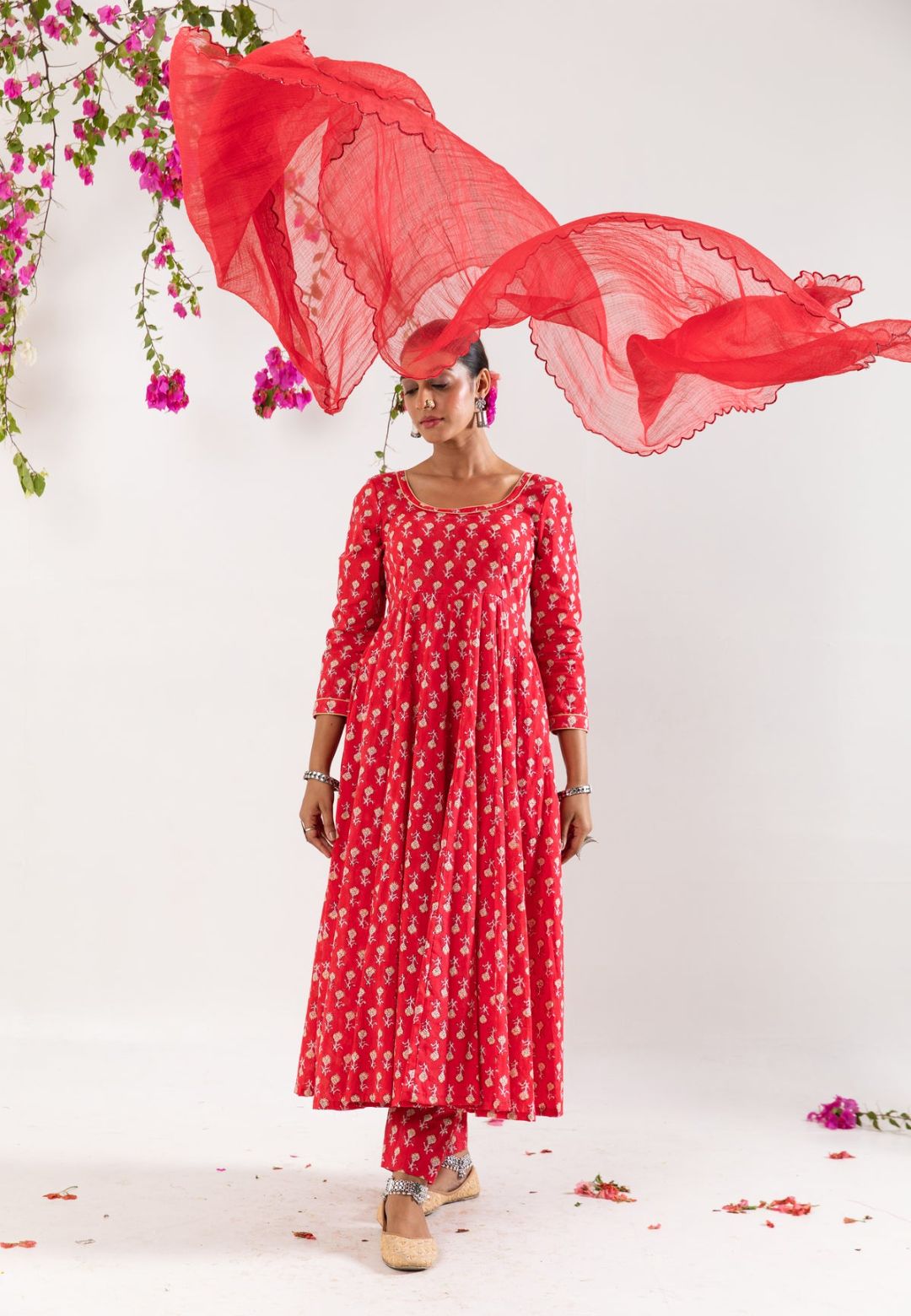 RED HANDBLOCK COTTON SUIT SET