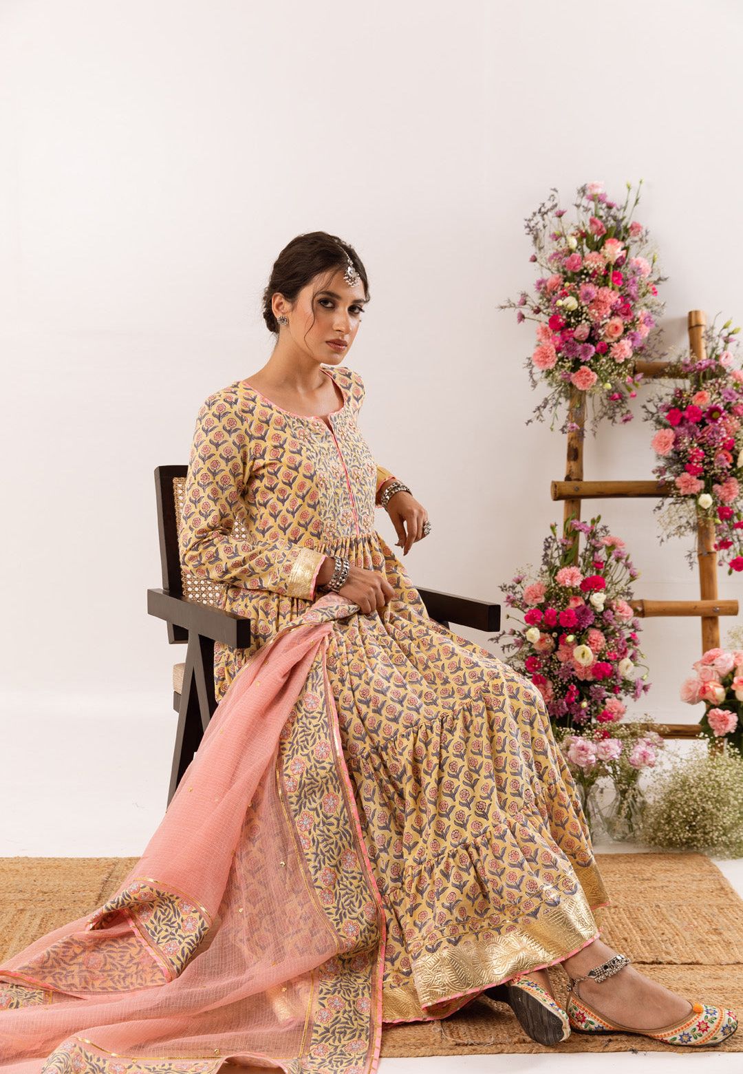 YELLOW PEACH MEFIL ANARKALI COTTON SUIT SET