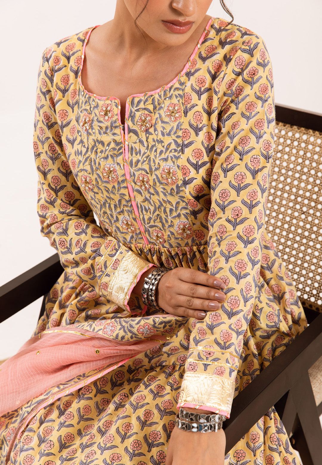 YELLOW PEACH MEFIL ANARKALI COTTON SUIT SET