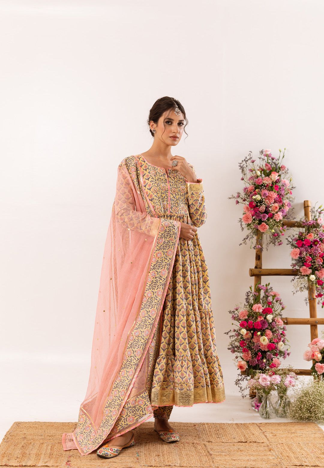 YELLOW PEACH MEFIL ANARKALI COTTON SUIT SET