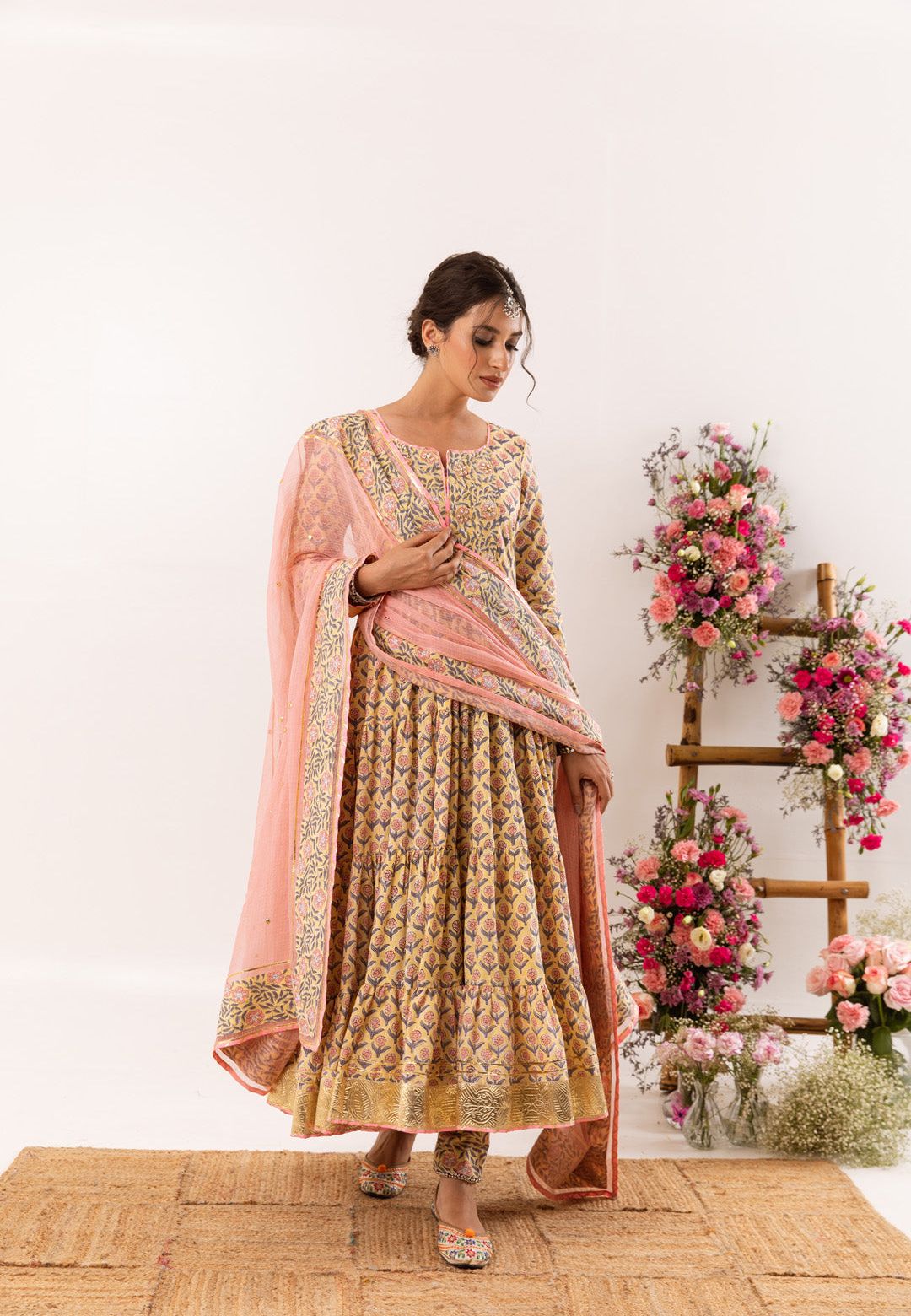 YELLOW PEACH MEFIL ANARKALI COTTON SUIT SET
