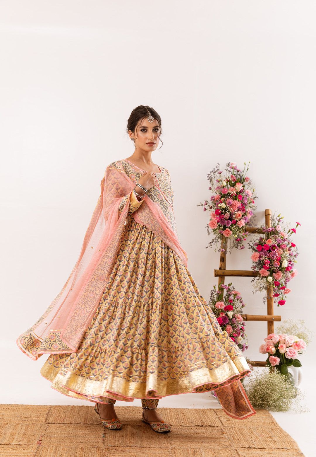 YELLOW PEACH MEFIL ANARKALI COTTON SUIT SET