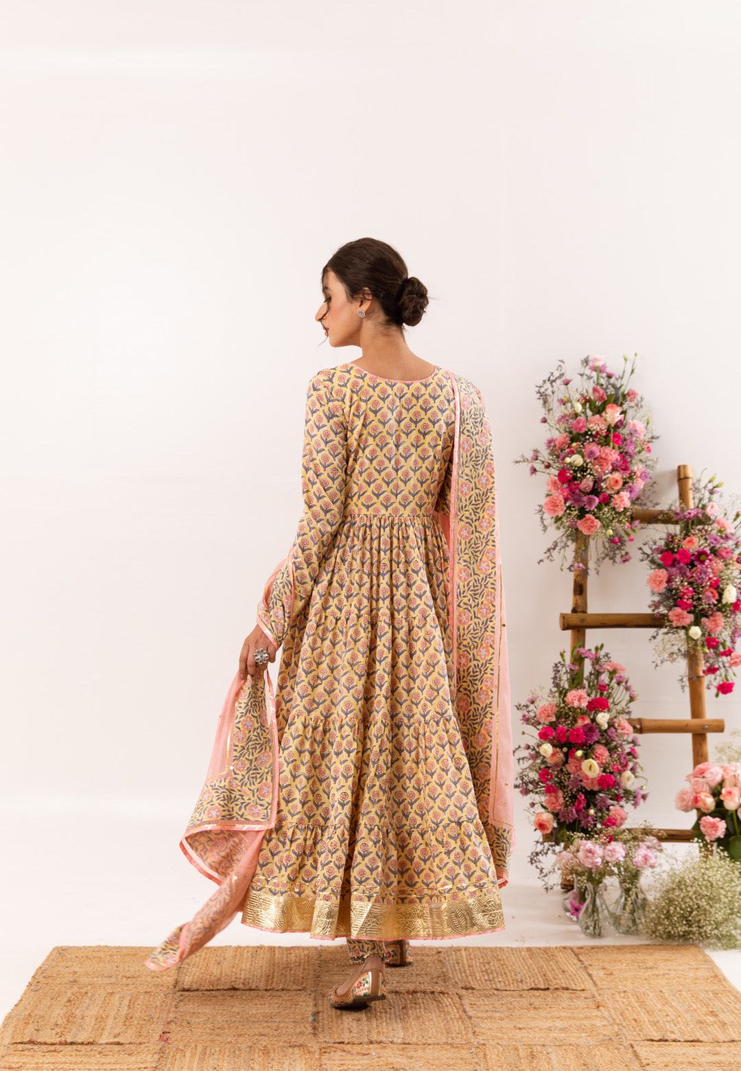 YELLOW PEACH MEFIL ANARKALI COTTON SUIT SET
