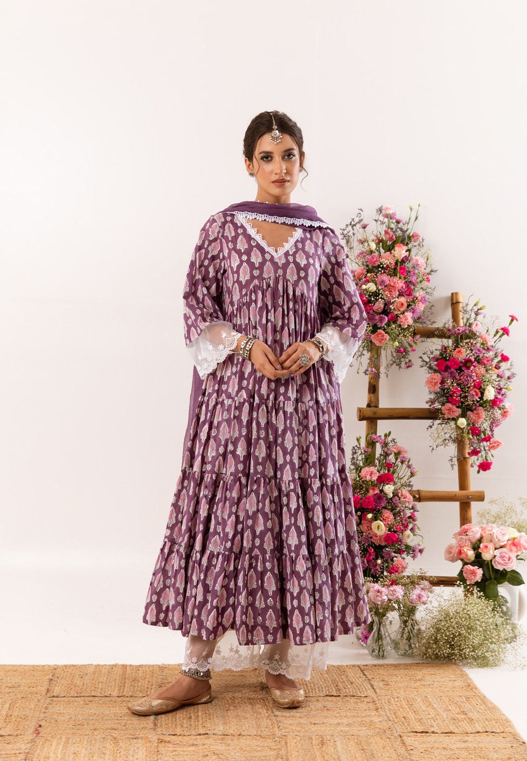 PURPLE HANDBLOCK ORGANZA LACE COTTON SUIT SET