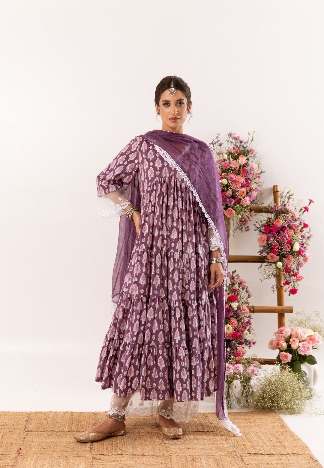 PURPLE HANDBLOCK ORGANZA LACE COTTON SUIT SET