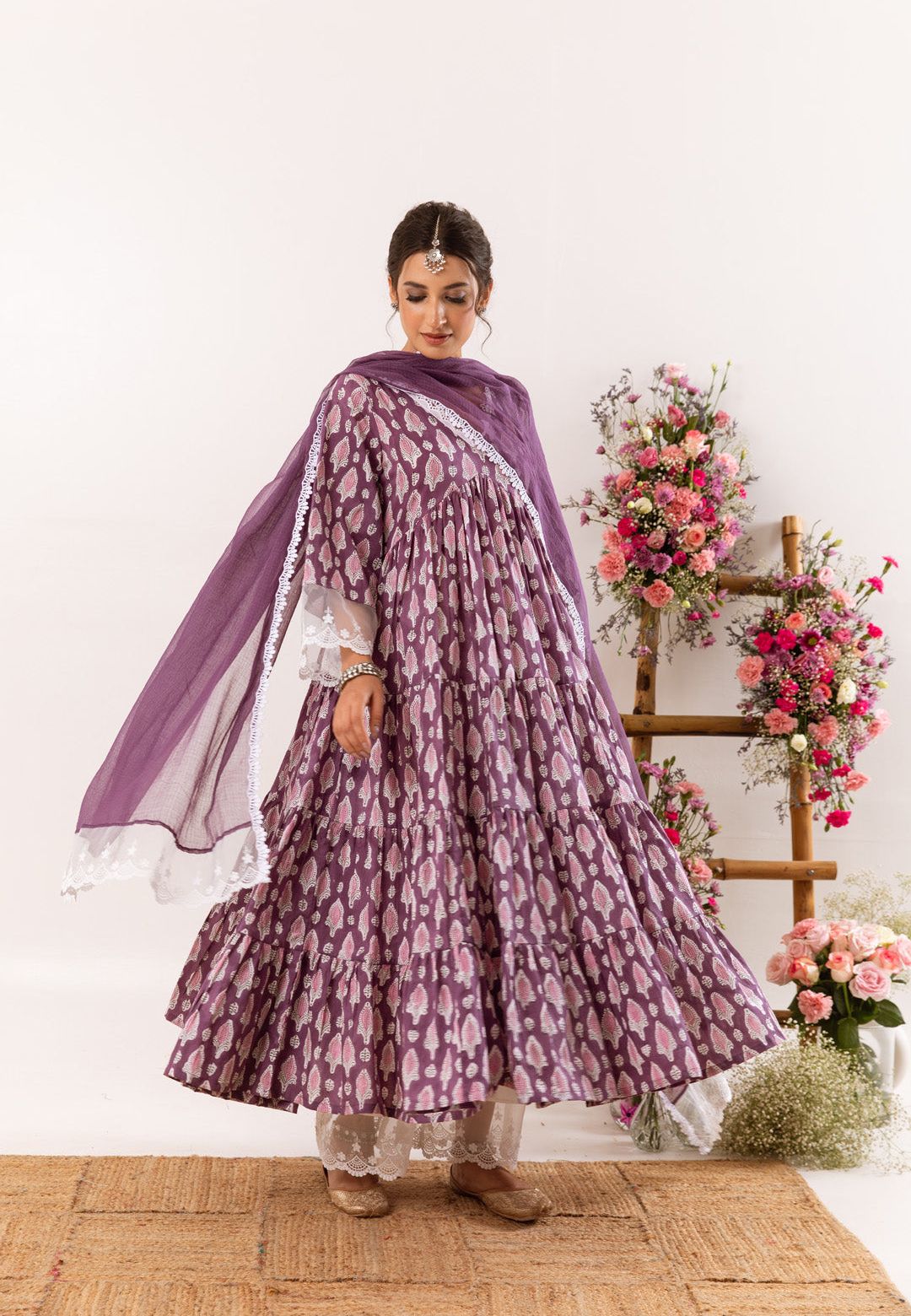 PURPLE HANDBLOCK ORGANZA LACE COTTON SUIT SET