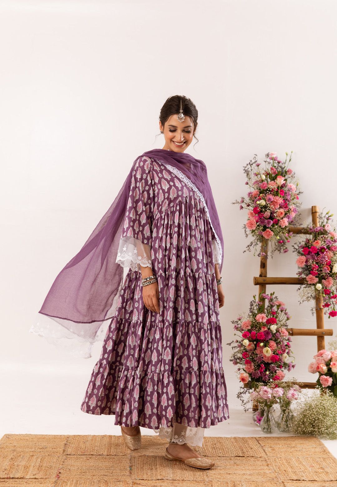 PURPLE HANDBLOCK ORGANZA LACE COTTON SUIT SET