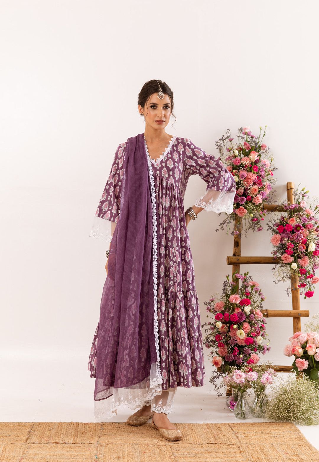 PURPLE HANDBLOCK ORGANZA LACE COTTON SUIT SET