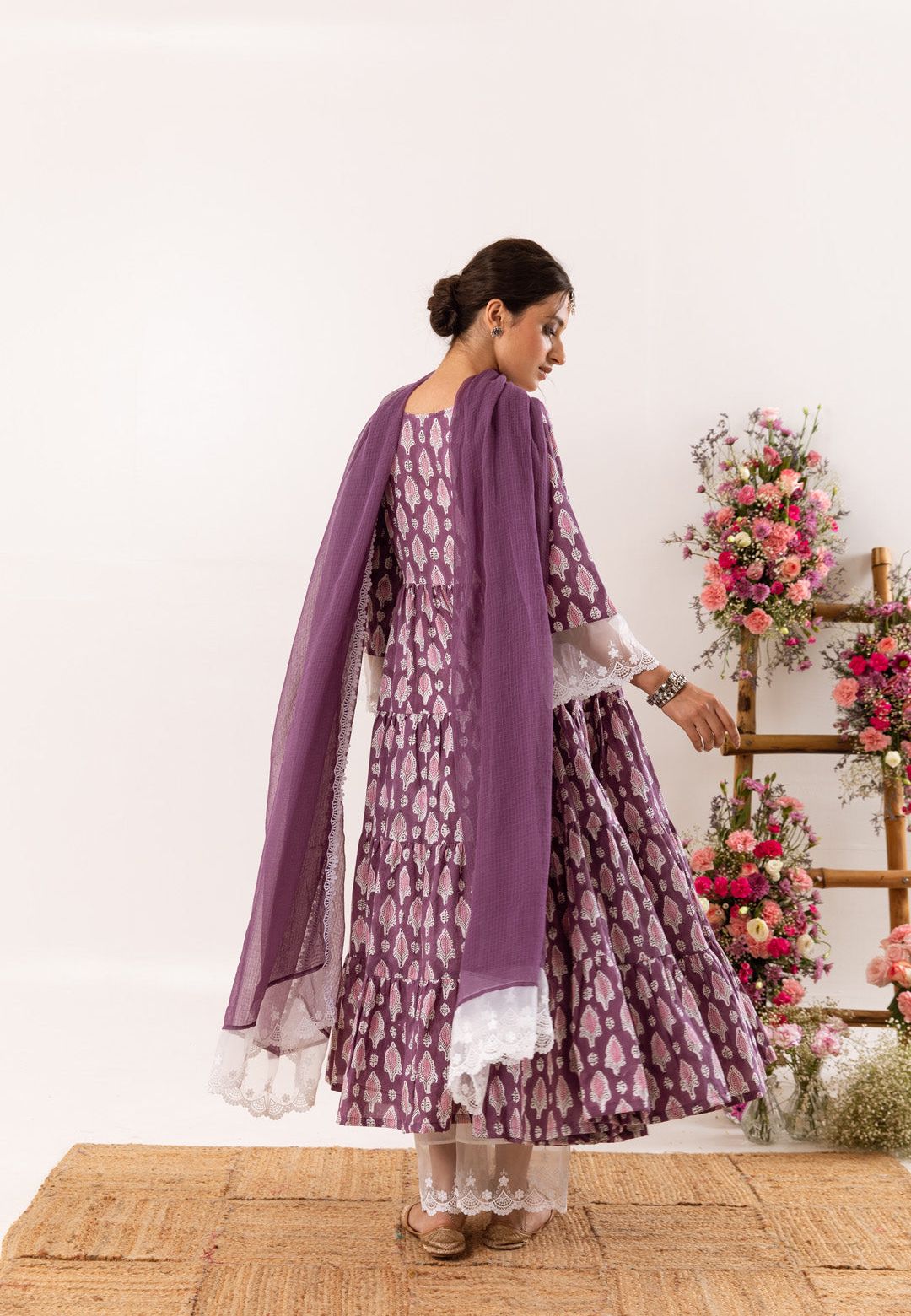 PURPLE HANDBLOCK ORGANZA LACE COTTON SUIT SET