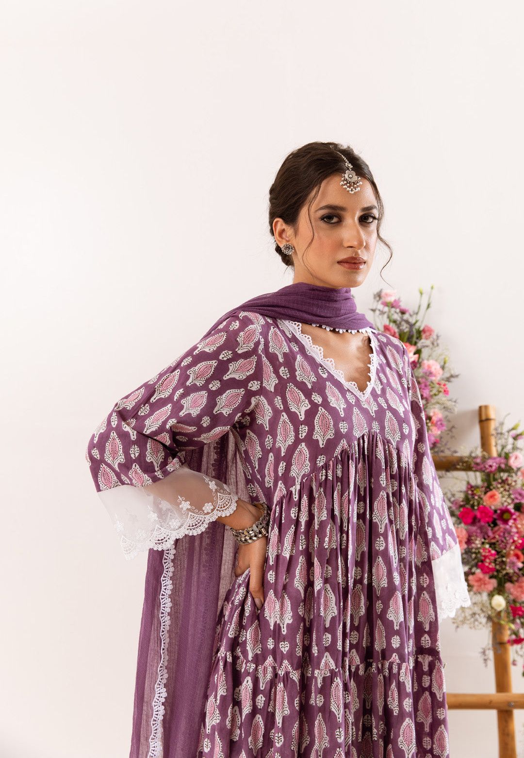 PURPLE HANDBLOCK ORGANZA LACE COTTON SUIT SET