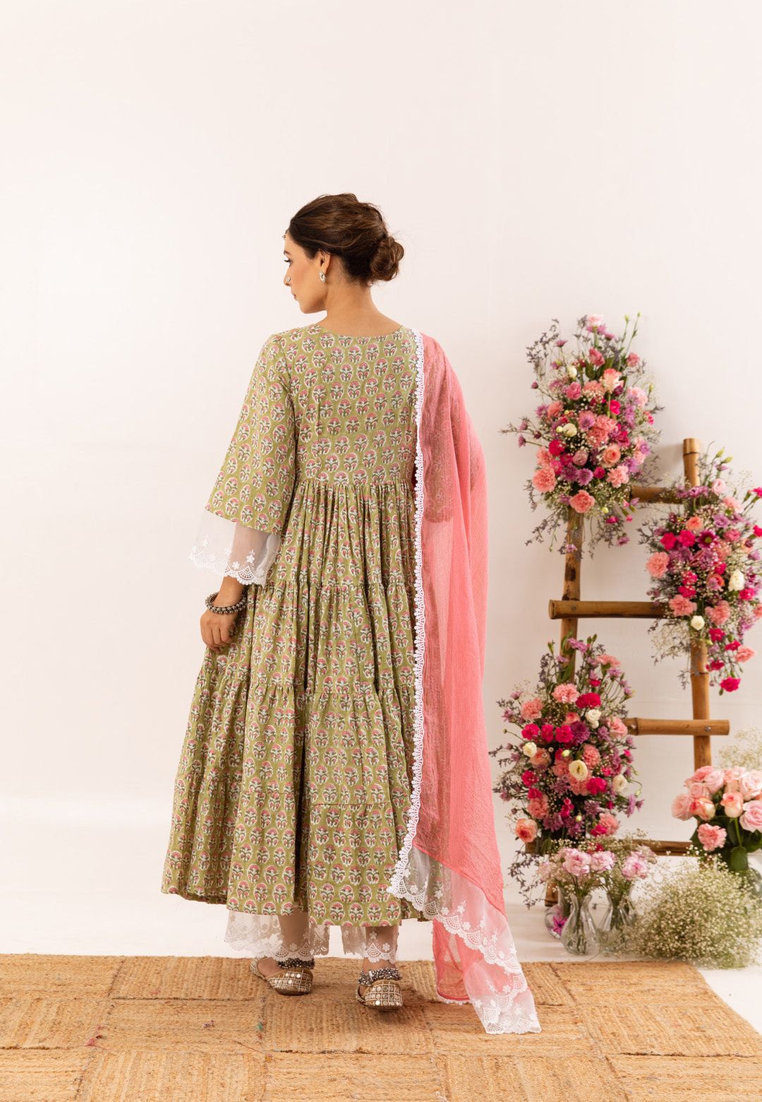 LIGHT GREEN ORGANZA LACE COTTON SUIT SET