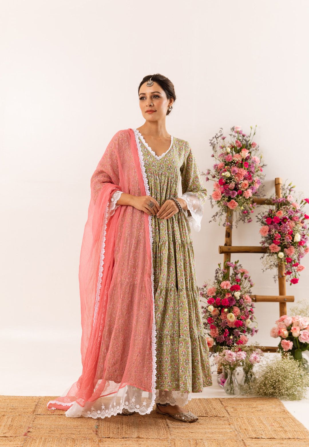 LIGHT GREEN ORGANZA LACE COTTON SUIT SET