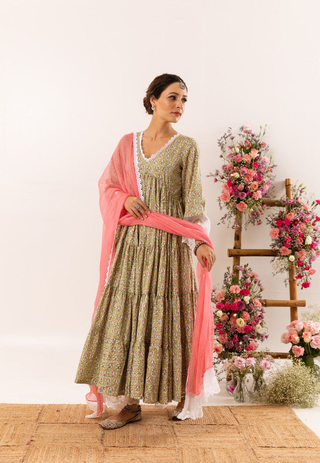 LIGHT GREEN ORGANZA LACE COTTON SUIT SET