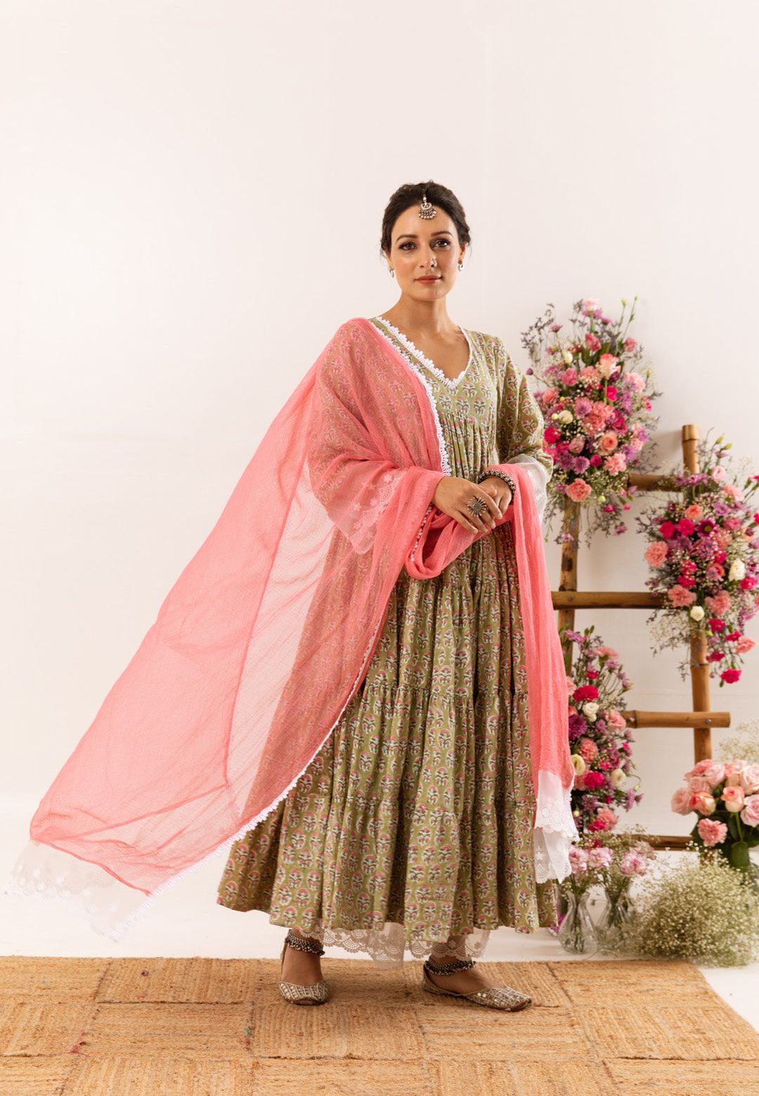 LIGHT GREEN ORGANZA LACE COTTON SUIT SET