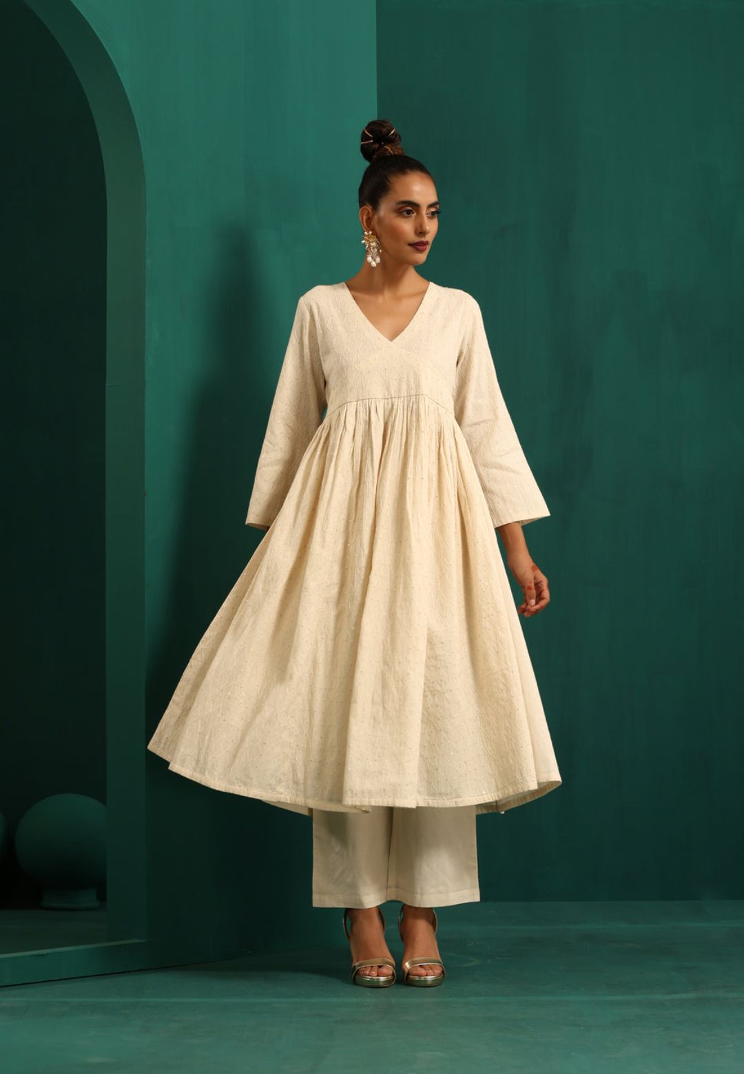 IVORY COTTON FLARED ANARKALI KURTA SET