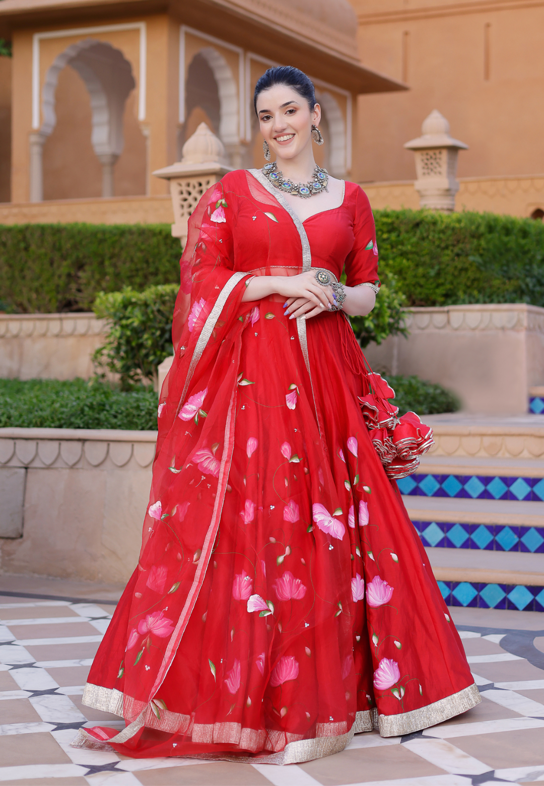 RED MAALINI HANDPAINTED CHANDERI LEHENGA SET