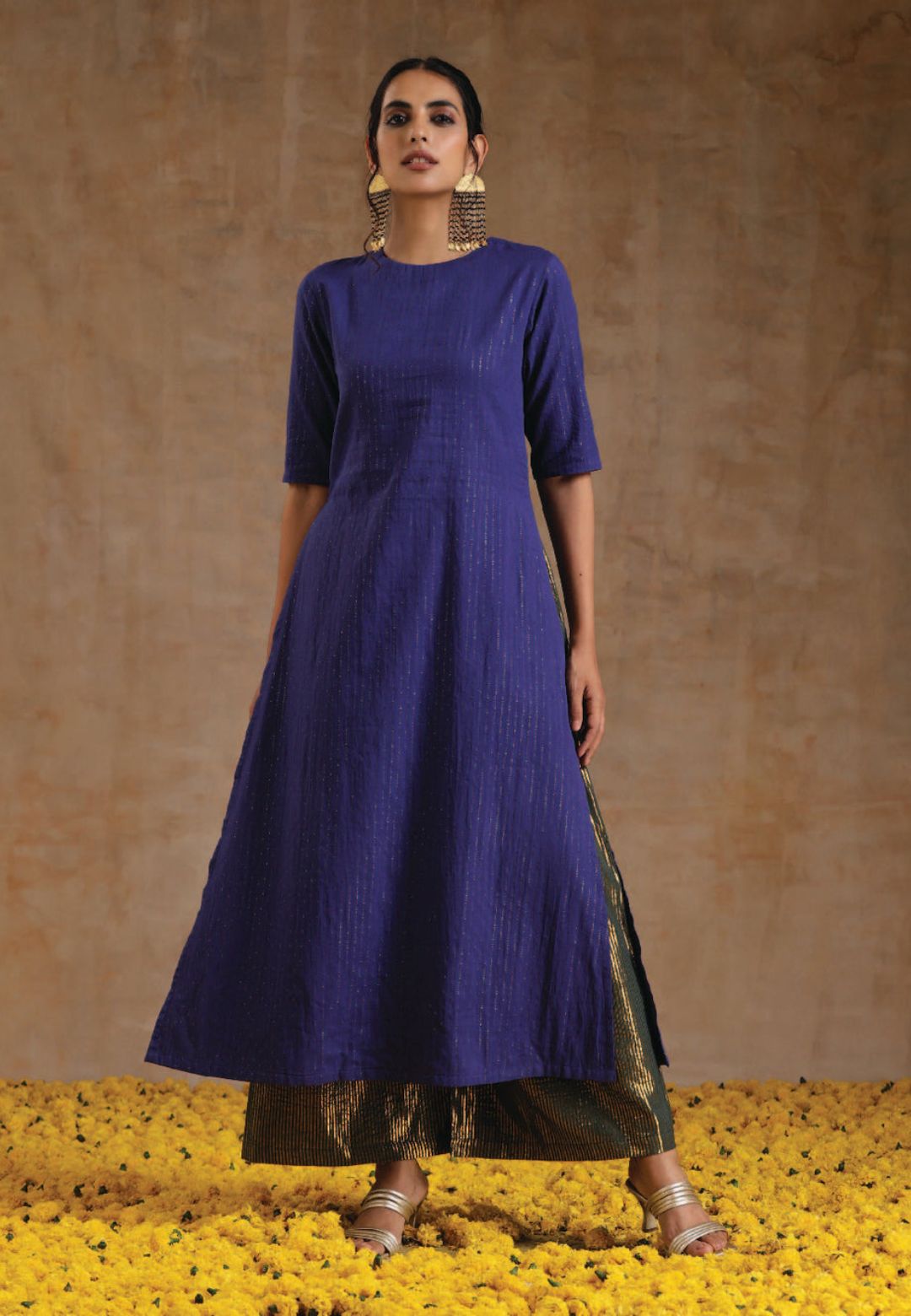 BLUE GOLD COTTON HIGH SLIT KURTA SET