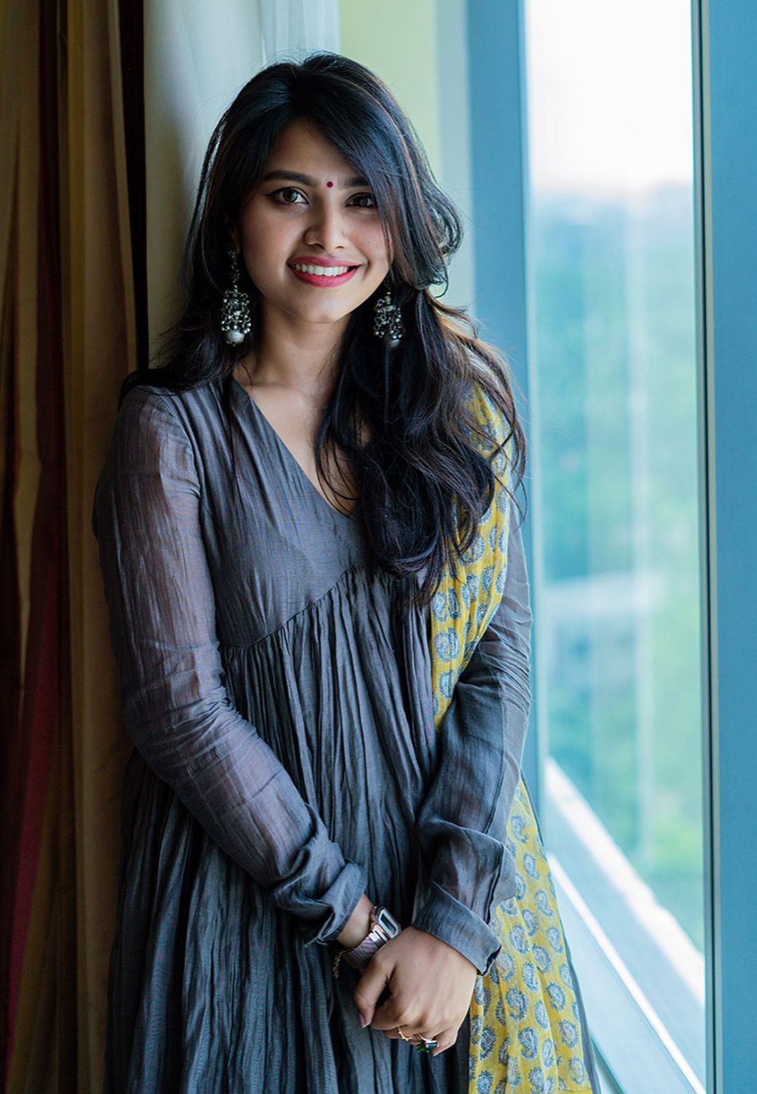 GREY YELLOW CHANDERI ANARKALI SUIT SET