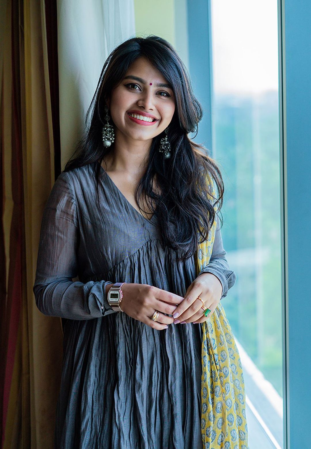 GREY YELLOW CHANDERI ANARKALI SUIT SET