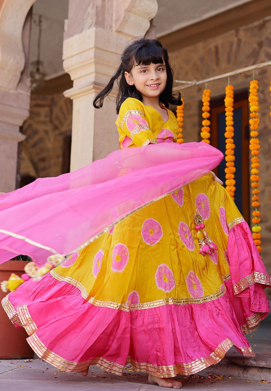 PINK YELLOW VARUNA TIE & DYE LEHENGA SET