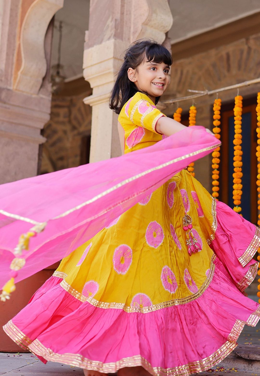 PINK YELLOW VARUNA TIE & DYE LEHENGA SET