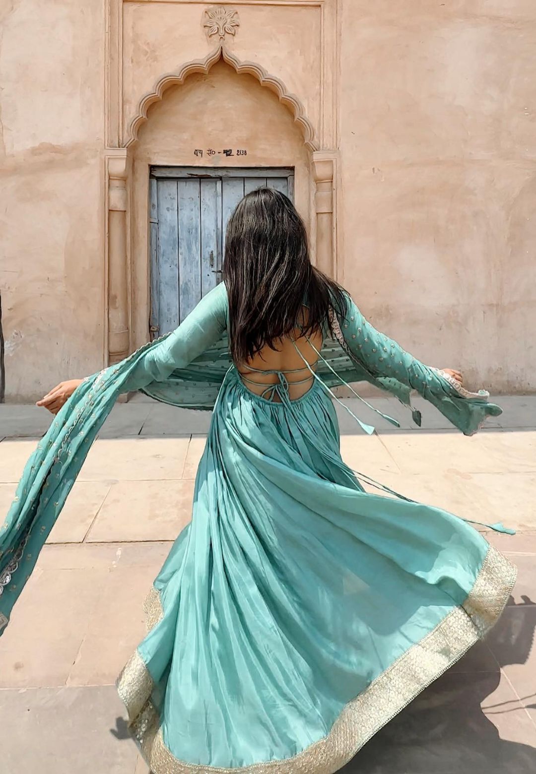 SEA GREEN DEEP BACK SILK ANARKALI SET