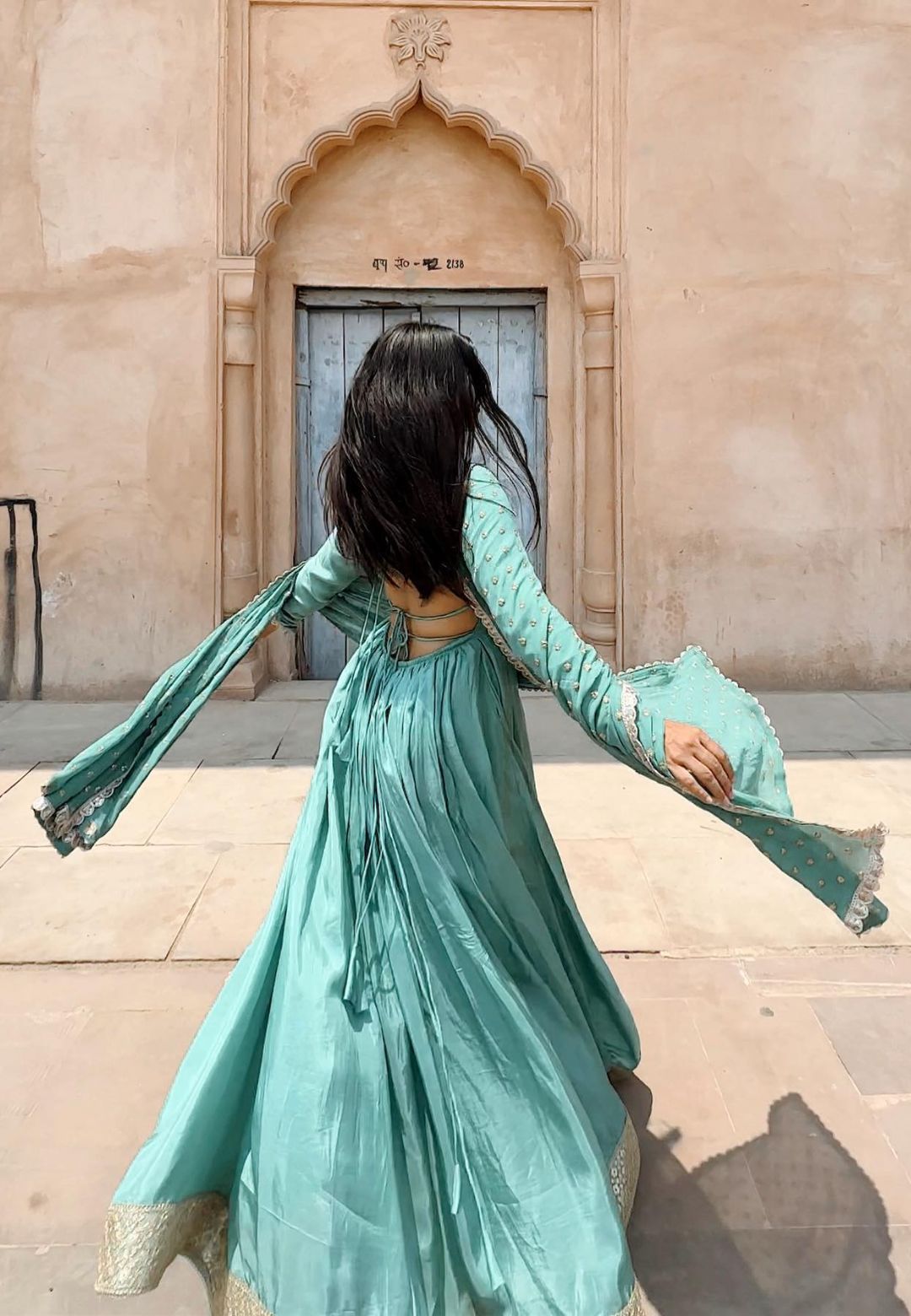 SEA GREEN DEEP BACK SILK ANARKALI SET