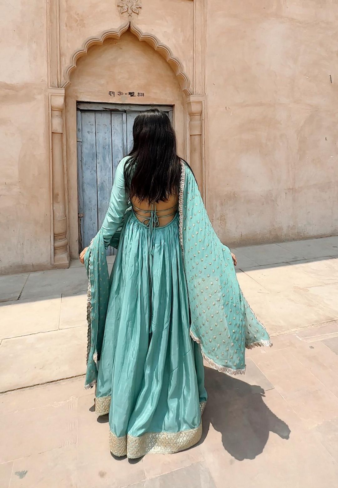 SEA GREEN DEEP BACK SILK ANARKALI SET