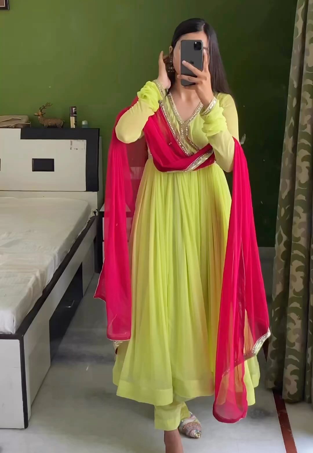 GREEN GOTA LUSH CHIFFON ANARKALI SUIT SET