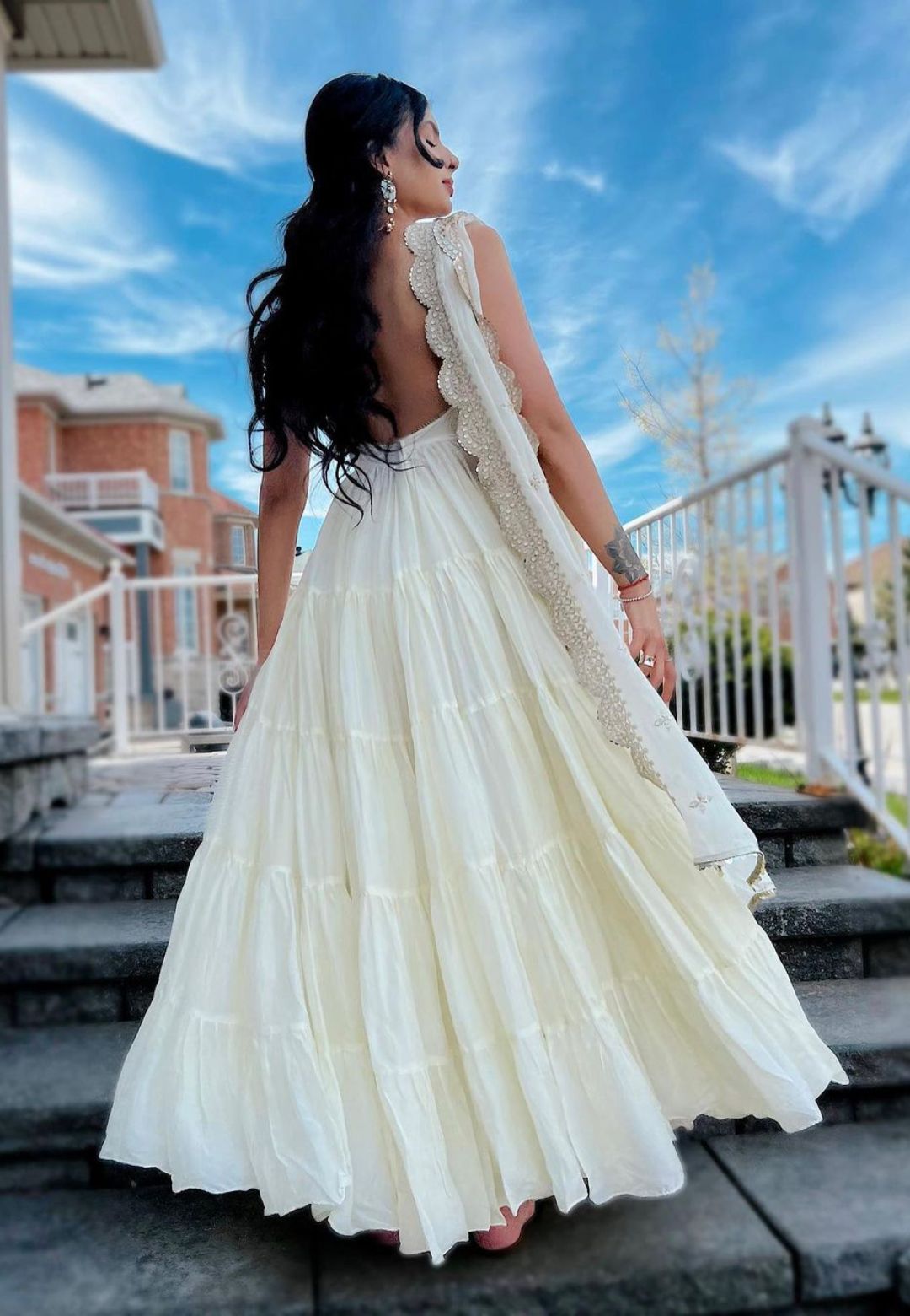 WHITE SILK TIERED ANARKALI SET