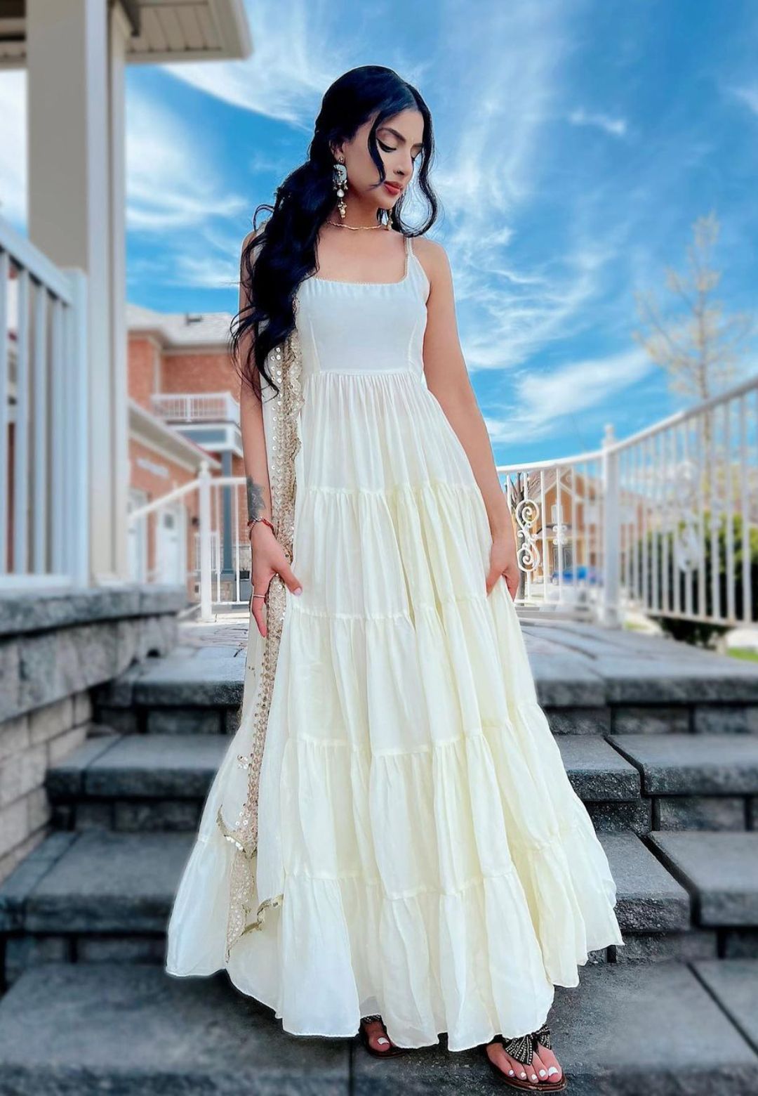 WHITE SILK TIERED ANARKALI SET